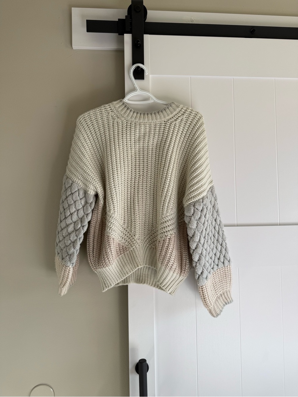 Cozy Colorblock crochet Crewneck Sweater in Cream, Gray & Taupe
